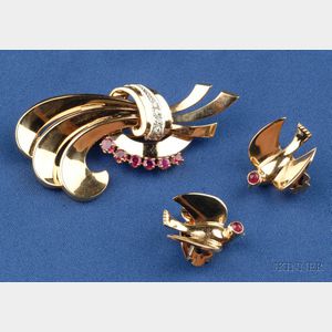 Retro 14kt Gold and Gem-set Brooch and Earclips
