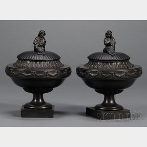 Pair of Wedgwood and Bentley Black Basalt Vases and Cover