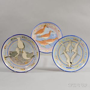 Three Contemporary Faience Pottery Chargers with Birds