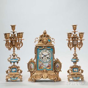 Three-piece Japy Freres Gilt-bronze and Porcelain-mounted Clock Garniture