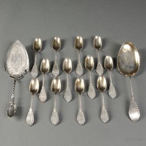 Fourteen Pieces of Silver Flatware with Spiral-turned Stems