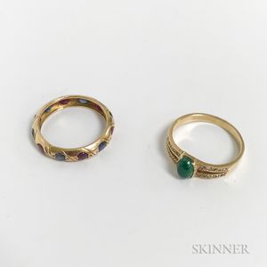 14kt Gold, Emerald, and Diamond Ring and a Low-karat Gold, Ruby, and Sapphire Band
