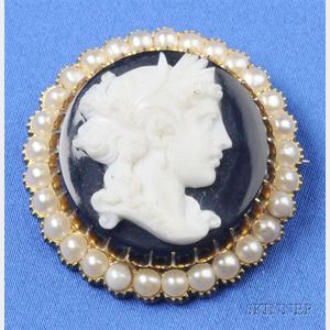 Antique Hardstone and Seed Pearl Cameo Brooch