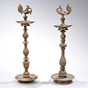 Two Brass Standing Oil Lamps