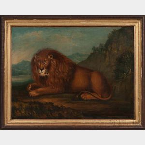 Anglo/American School, 19th Century Recumbent Lion in a Landscape