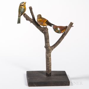 Three Carved and Painted Birds Mounted on a Branch "Tree,"