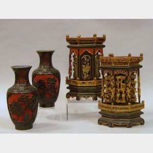 Pair of Chinese Cinnabar Vases and a Pair of Carved Giltwood and Lacquered Ornaments.