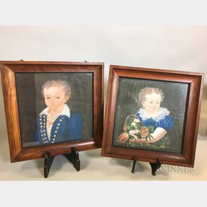Pair of Small Framed Gouache on Paper Portraits of a Boy and Girl