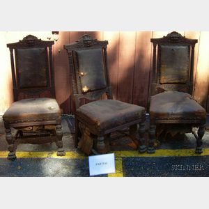 Set of Six Victorian Northwind Leather Upholstered Carved and Turned Oak Side Chairs.
