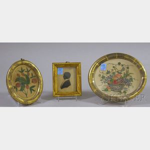 Two Small Oval Giltwood Framed Painted Theorems on Velvet and a Giltwood Framed Miniature Hollow-cut and Waterc...