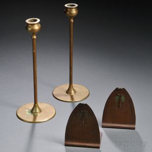 Arts & Crafts Candlesticks and a Pair of Bookends