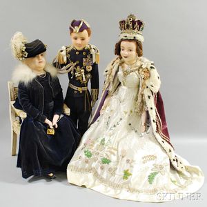 Three Large Wax Dolls, Queen Elizabeth II, Prince Phillip, and the Queen Mum