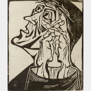Leonard Baskin (American, 1922-2000) Six Woodcuts: Passover, Succoth, Weeping Man, Crying Man, Japanese Head