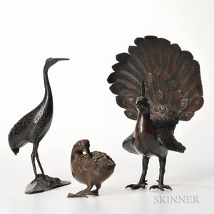 Three Bronze Bird-shaped Okimono and Censer