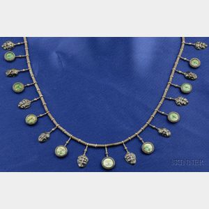 Etruscan Revival Silver and Green Turquoise Fringe Necklace