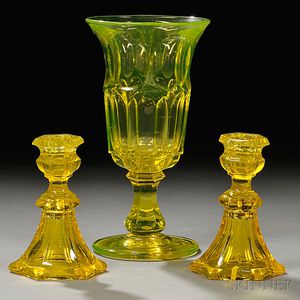 Three Pieces Canary Yellow Pressed Glass Tableware