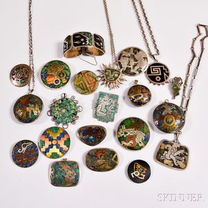 Twenty-one Mexican Silver, Mixed Metal, and Mosaic Turquoise Jewelry Articles