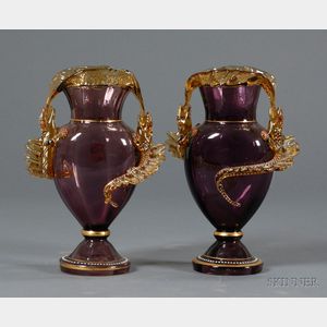 Pair of Lizard Decorated Art Nouveau Vases, Possibly Moser