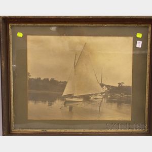 Victorian Walnut Framed Albumen Photograph of New England Sailing Catboats near a Shoreline