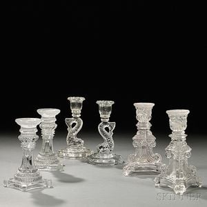 Three Pairs of Colorless Pressed Glass Candlesticks