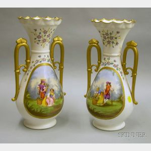Pair of Late Victorian Hand-painted Genre Scene and Floral Decorated Porcelain Vases