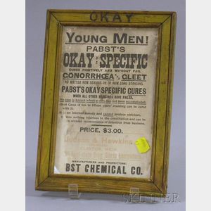 Framed Small Advertising Broadside Young Men! Pabsts Okay Specific Cures Gonorrhoea and Cleet... sight size 8 1/2 x 5 1/2 in.
