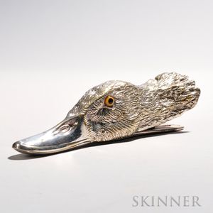 Silver-plate Duck Head-form Paper Holder, with glass inset eyes, lg. 6 3/4 in.