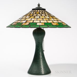 J.H. Strobl Pottery Lamp with Slag Glass Shade