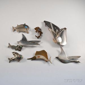 Eight Mexican Designer Sterling Silver Brooches