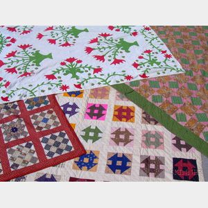 Three Hand-stitched Pieced Cotton Quilts, an Applique Quilt, and a Jacquard Blue and White Wool Coverlet.e2...