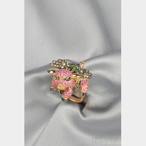 Whimsical 18kt Gold Gem-set Flying Pig Ring