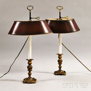 Pair of French-style Gilt-metal Candlestick Lamps with Adjustable Tole Shades