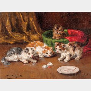 Alfred Arthur Brunel de Neuville (French, 1852-1941) Two Paintings: Mamma and Kittens