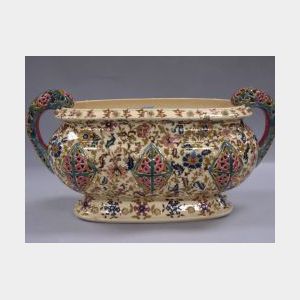 J. Fischer Floral Enamel Decorated Reticulated Ceramic Center Bowl