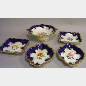 Five-Piece Continental Gilt and Hand-painted Floral Decorated Porcelain Dessert Set