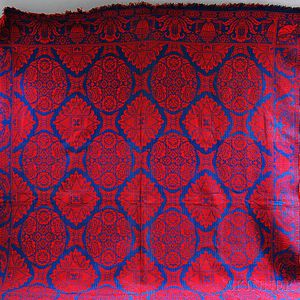 Red and Blue Wool Double Weave Floral Medallion Coverlet