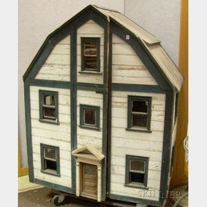 Large Painted Wooden Gambrel-roof Dollhouse and Contents