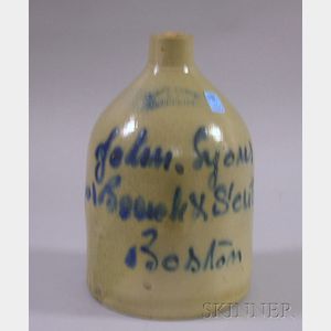 Cobalt Decorated Advertising "John Syoms, ...& South Sts., Boston" Stoneware Jug
