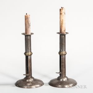 Pair of Brass-banded Iron Hogscraper Candlesticks