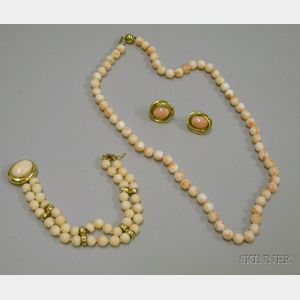 14kt Gold and Coral Necklace, Bracelet, and Earrings.