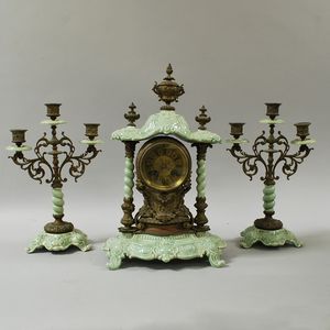 German Celadon Porcelain and Brass Garniture Set