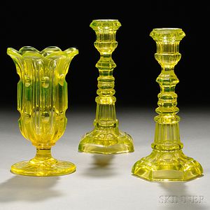 Three Sandwich-type Canary Yellow Pressed Glass Items