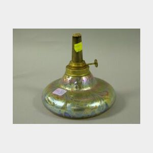 Fiske Brass Mounted Iridescent Art Glass Oil Lamp