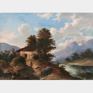 Eastern European School, 19th Century Cottage with View to the Mountains
