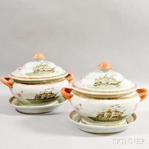 Pair of Export Porcelain Enameled Covered Tureens and Platters