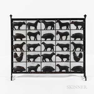 Wrought Iron and Patinated Metal Firescreen Decorated with Farm Animals