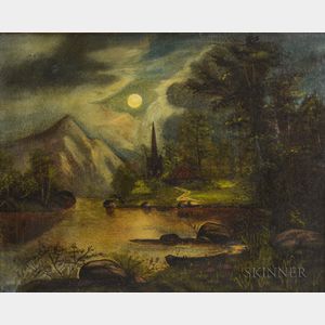 American School, 19th Century Primitive-style Moonlit Landscape with Pond and Distant Spire