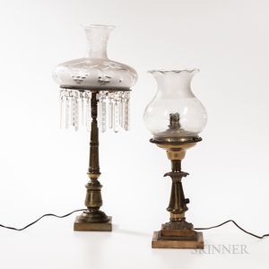 Two Argand Lamps with Glass Shades
