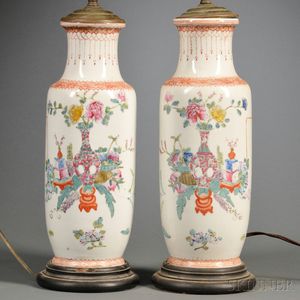 Pair of Famille Rose Vases Mounted as Lamps