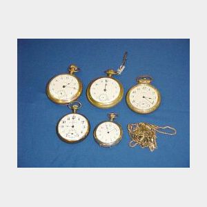 Five Mans Pocketwatches and Three Watch Chains.